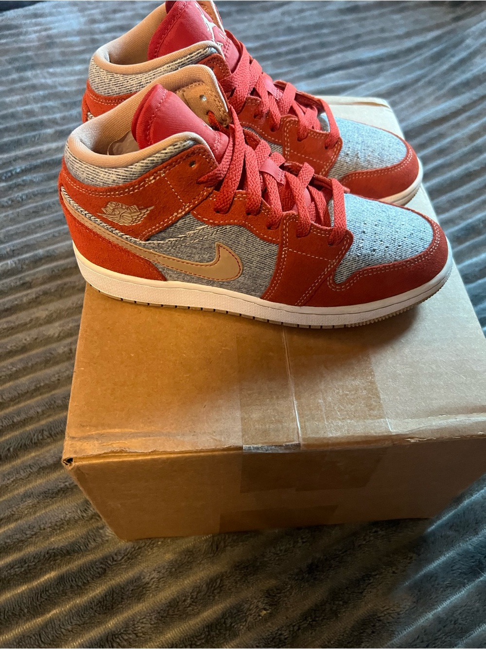 Jordan 1 mid Red and Gray High-Top Sneakers with Tan Swoosh